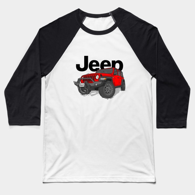 Red Jeep Wrangler Rubicon Baseball T-Shirt by 4x4 Sketch